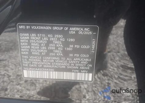 2025 Volkswagen Atlas 2.0T Se W/Technology z USA, uszkodzony, nr VIN 1V2JR2CA4SC564390